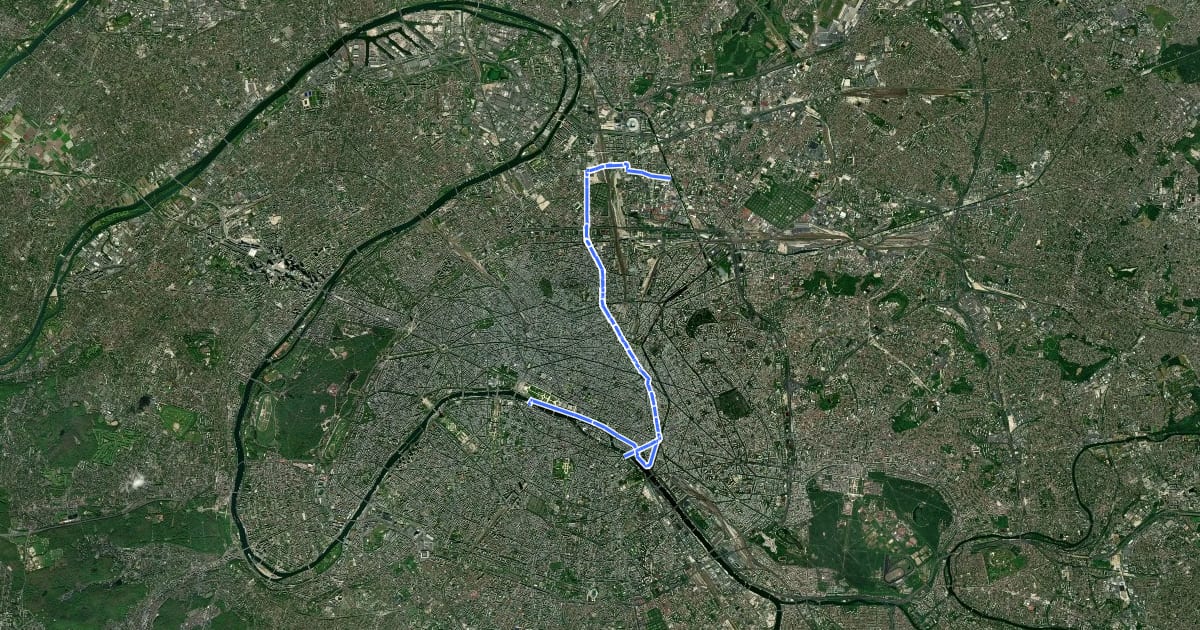 Маршрут Réseau Cyclable Olympique de Porte de Clignancourt à Bastille на спутниковом снимке