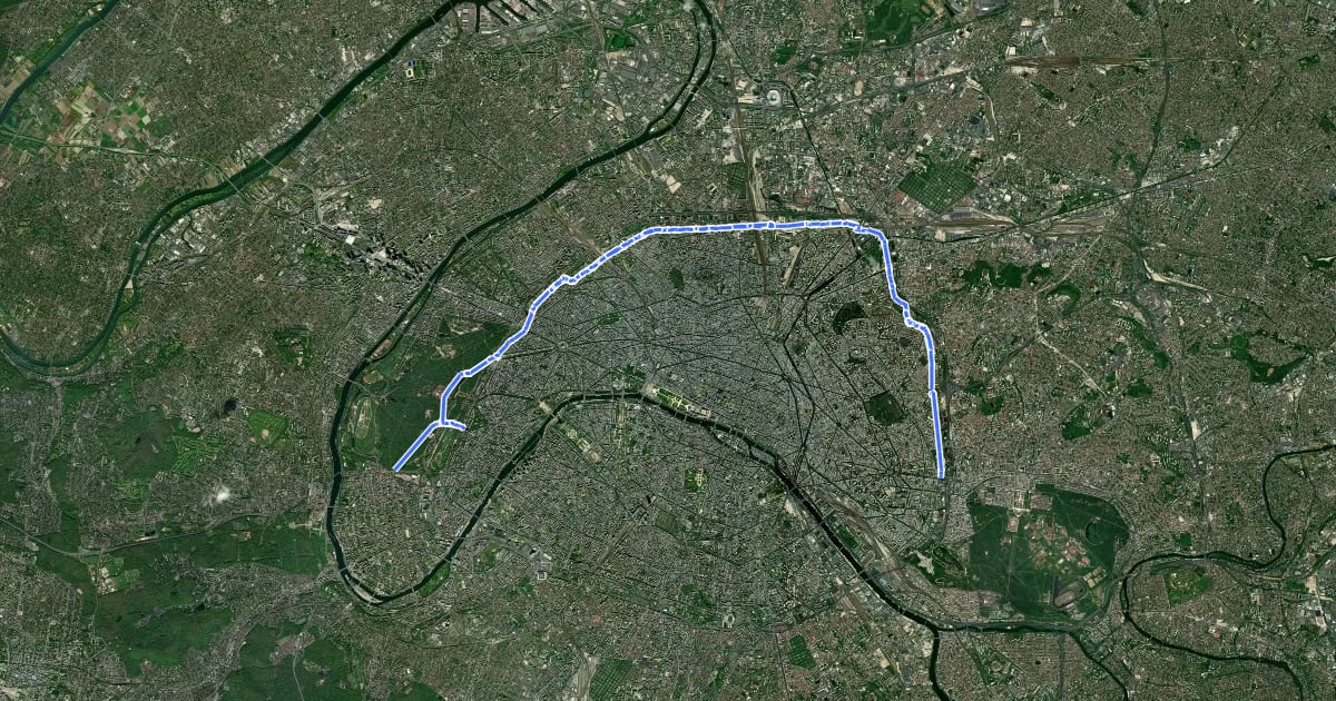 Маршрут Réseau Cyclable Olympique de Porte de Vincennes à Porte Maillot на спутниковом снимке