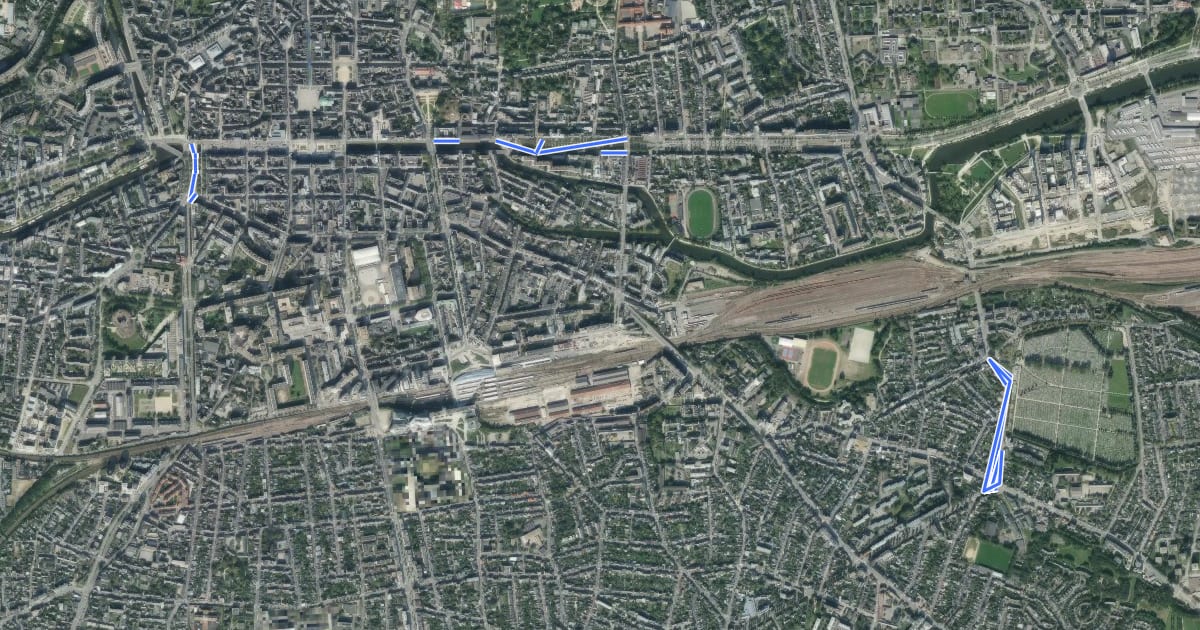Маршрут Réseau Express Vélo Centre-Ville Rennes на спутниковом снимке