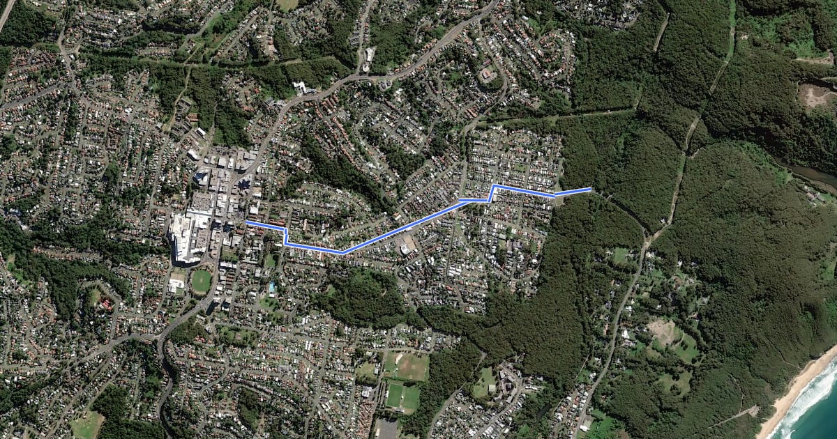 Маршрут R1-11 Fernleigh Track to Kahibah на спутниковом снимке