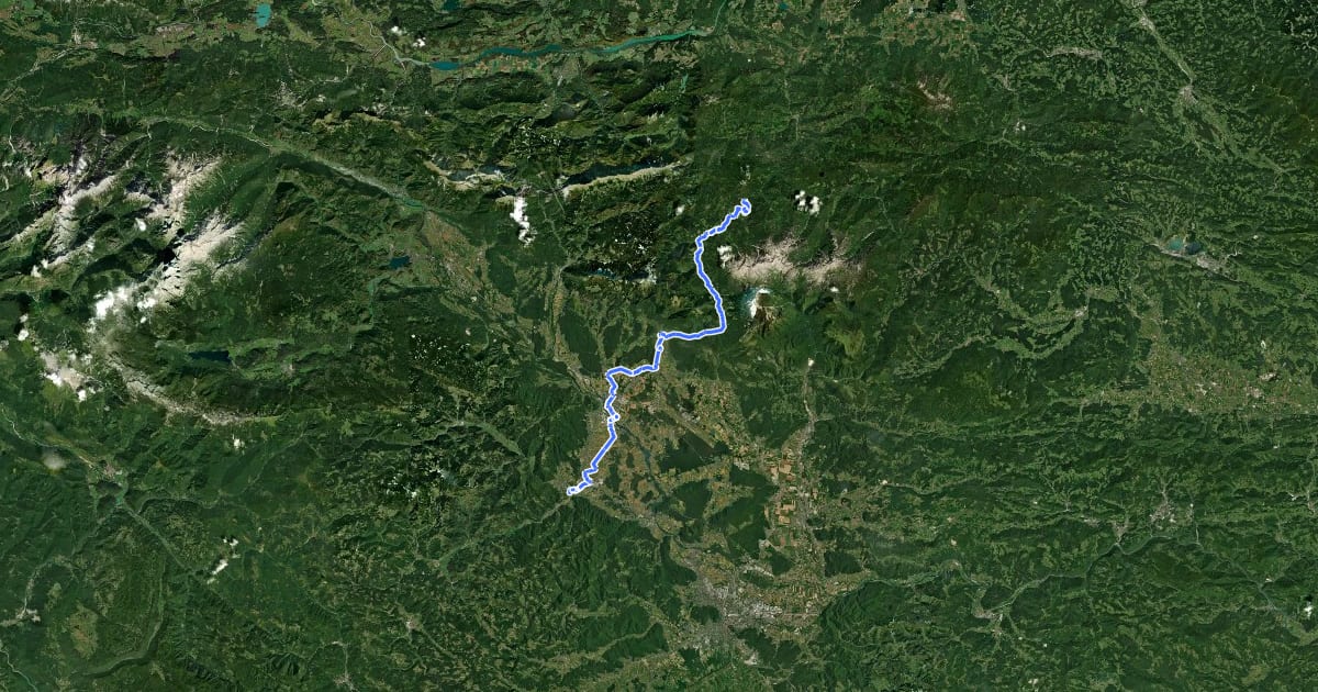Маршрут R7 (Škofja Loka - Kranj - Preddvor - Zgornje Jezersko - SLO/AT border) на спутниковом снимке