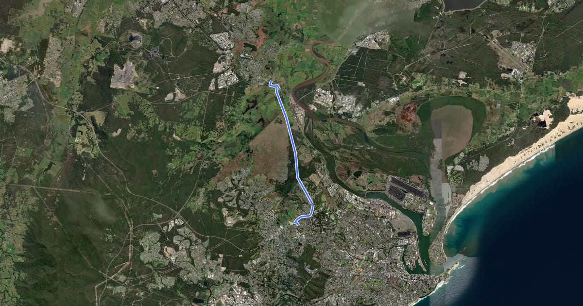 Маршрут R8: Birmingham Gardens to Tarro via Hexham Swamp на спутниковом снимке