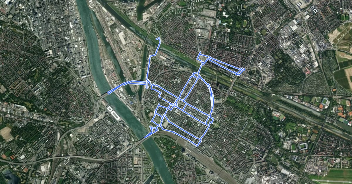 Маршрут RadNETZ Mannheim (Stadt) на спутниковом снимке