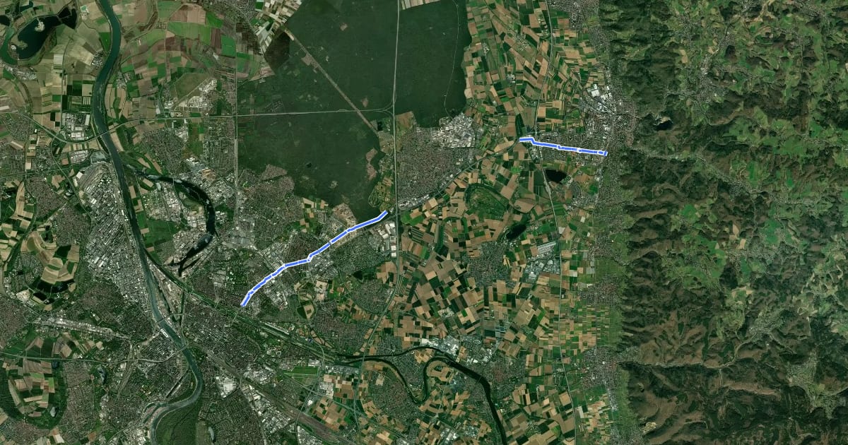 Маршрут RadNETZ Mannheim - (Viernheim) - Weinheim на спутниковом снимке