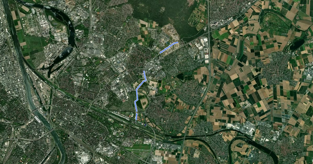 Маршрут Radschnellweg Mannheim - Weinheim (RS15) на спутниковом снимке