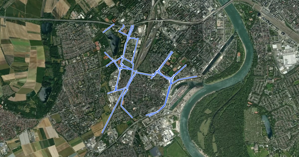 Маршрут Radverkehrsnetz LU-Mundenheim на спутниковом снимке