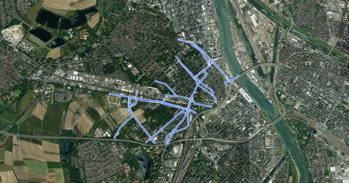 Маршрут Radverkehrsnetz LU-Nördliche Innenstadt на спутниковом снимке