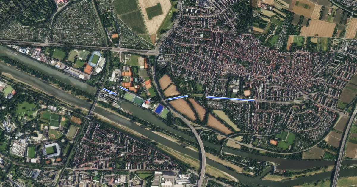 Маршрут Radverkehrsnetz Mannheim-Feudenheim на спутниковом снимке