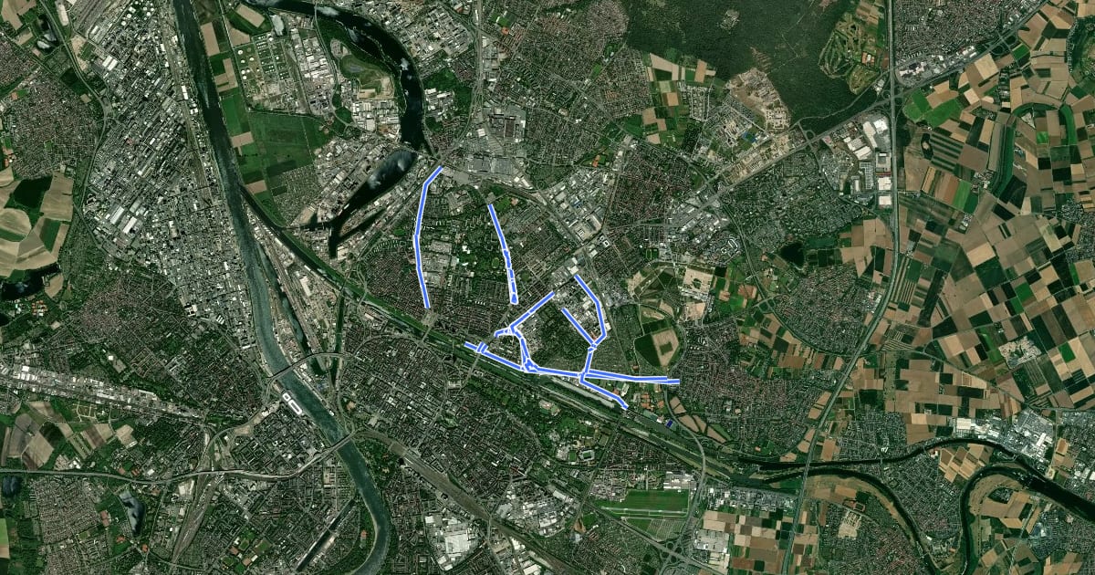 Маршрут Radverkehrsnetz Mannheim-Neckarstadt-Ost на спутниковом снимке