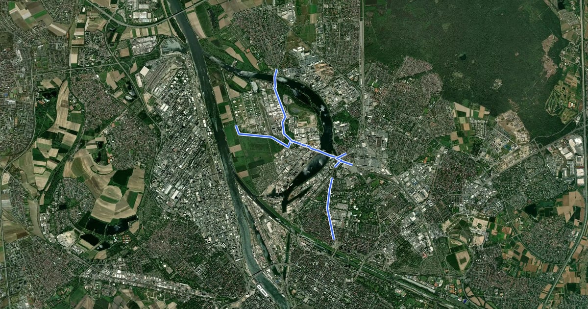 Маршрут Radverkehrsnetz Mannheim-Neckarstadt-West на спутниковом снимке