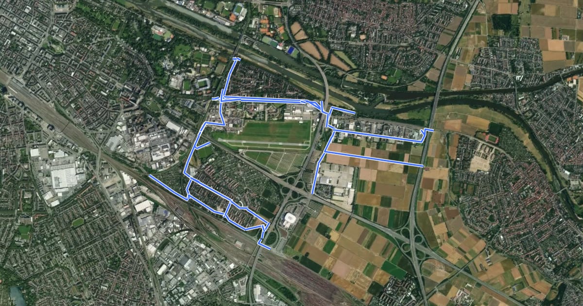 Маршрут Radverkehrsnetz Mannheim-Neuostheim/Neuhermsheim на спутниковом снимке