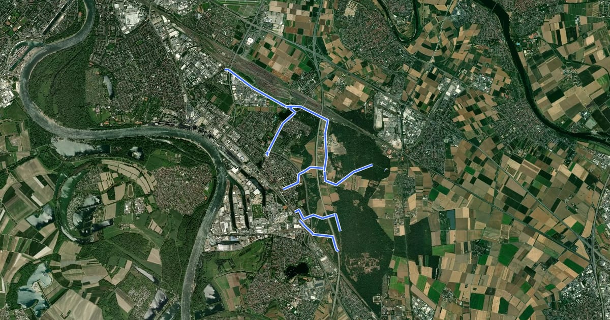 Маршрут Radverkehrsnetz Mannheim-Rheinau на спутниковом снимке