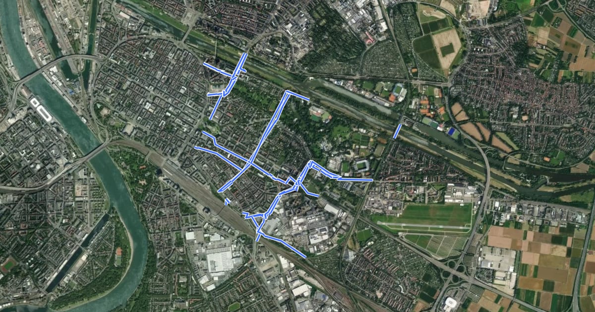 Маршрут Radverkehrsnetz Mannheim-Schwetzingerstadt/Oststadt на спутниковом снимке