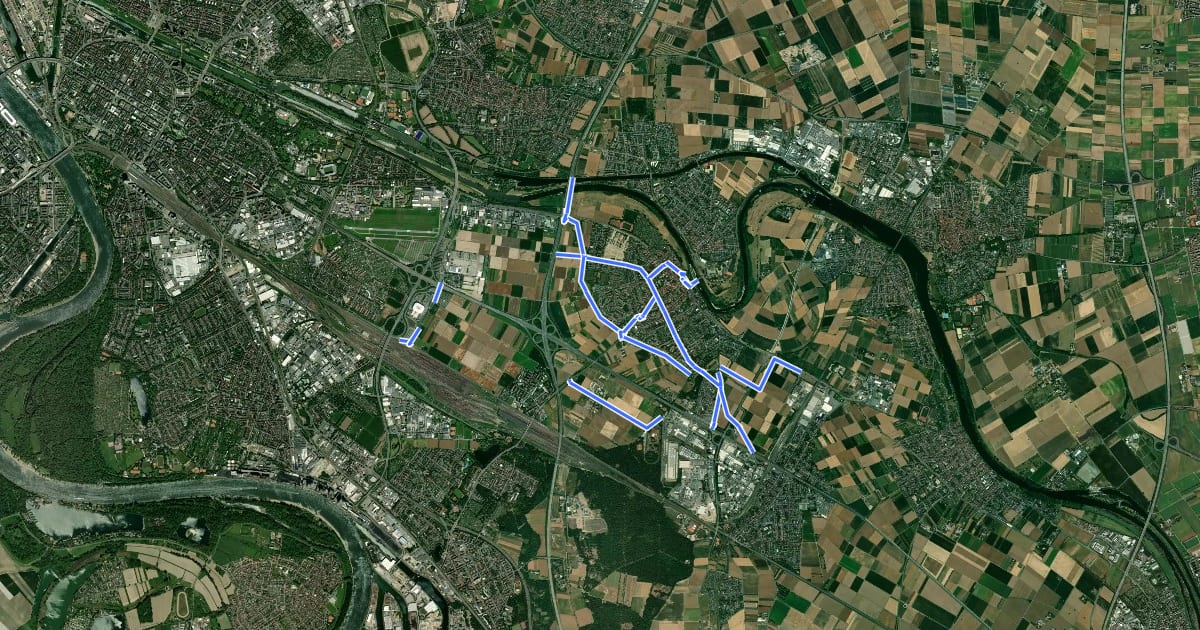 Маршрут Radverkehrsnetz Mannheim-Seckenheim на спутниковом снимке