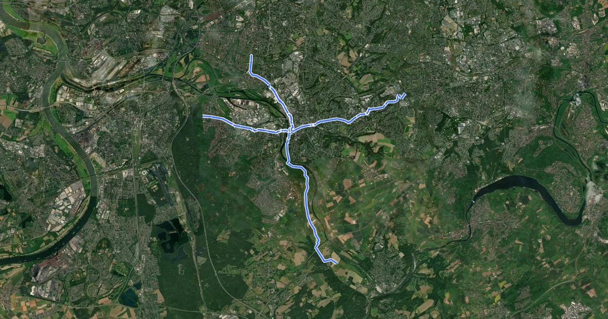 Маршрут Radverkehrsnetz NRW, Stadt Mülheim an der Ruhr на спутниковом снимке