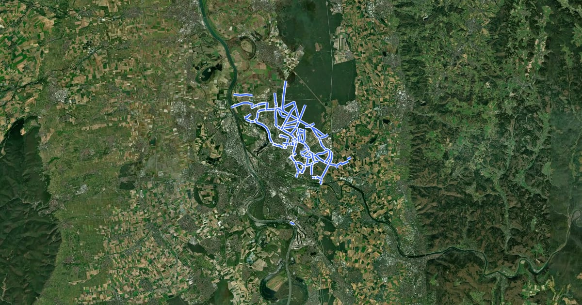 Маршрут Radverkehrsnetz Stadt Mannheim на спутниковом снимке