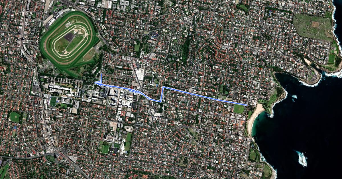 Маршрут Randwick to Coogee Beach на спутниковом снимке
