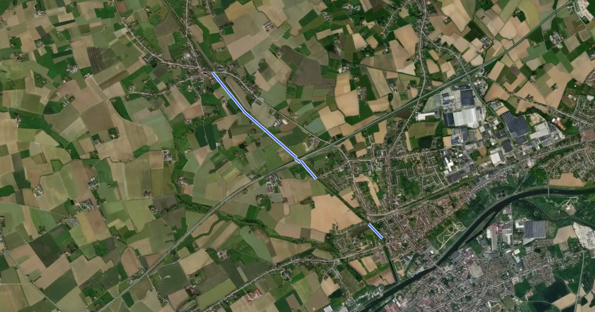 Маршрут RAVeL Canal Comines-Ypres на спутниковом снимке