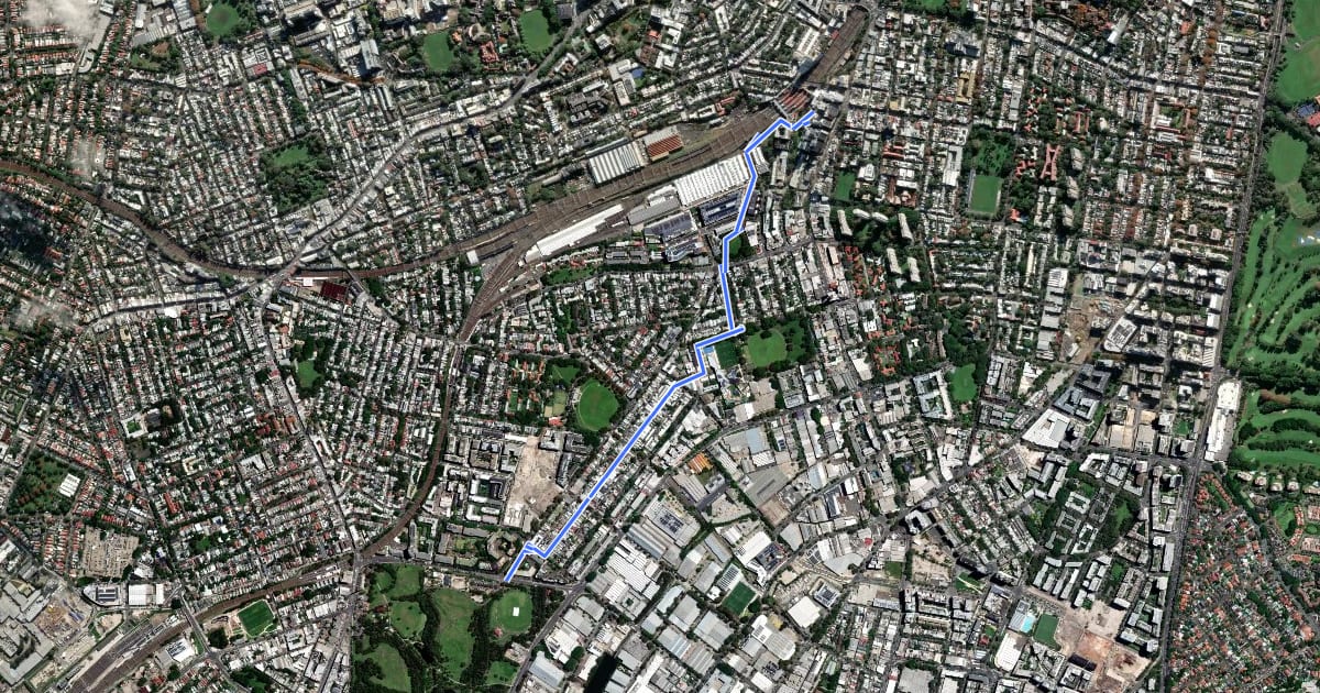Маршрут Redfern – Sydney Park на спутниковом снимке