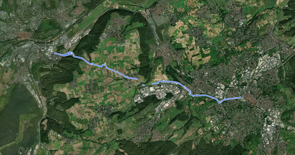Маршрут Reutlingen-Tuebingen на спутниковом снимке