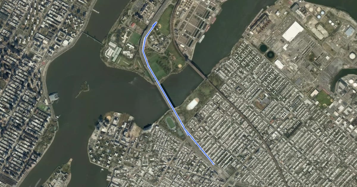 Маршрут RFK Bridge: Queens to Randall's Island на спутниковом снимке