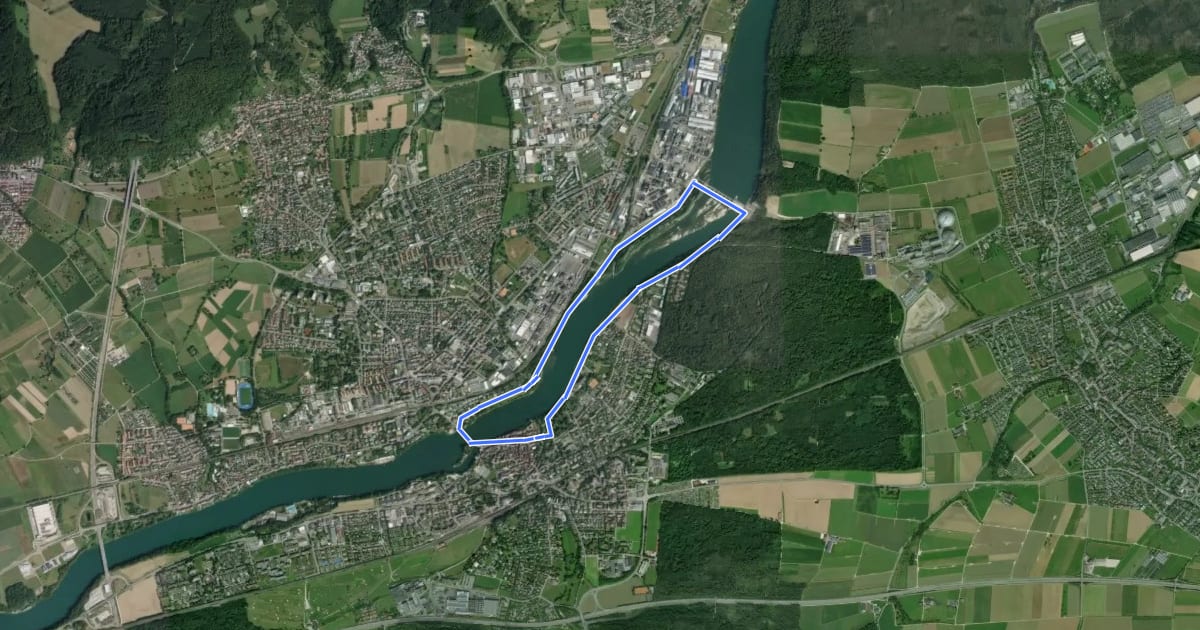Маршрут Rheinfelder Rheinuferweg на спутниковом снимке