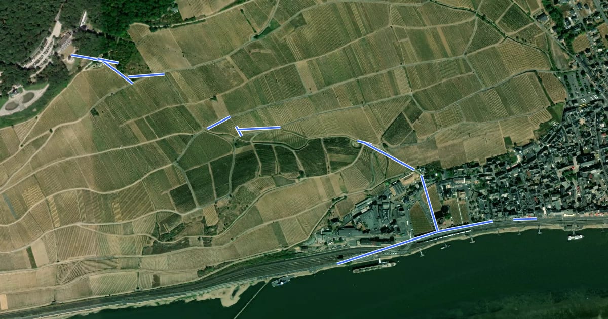 Маршрут Rheinsteig-Zuweg Rüdesheim (West) на спутниковом снимке