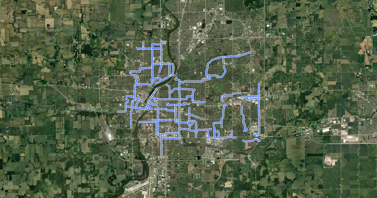 Маршрут Rockford Bicycle Routes на спутниковом снимке