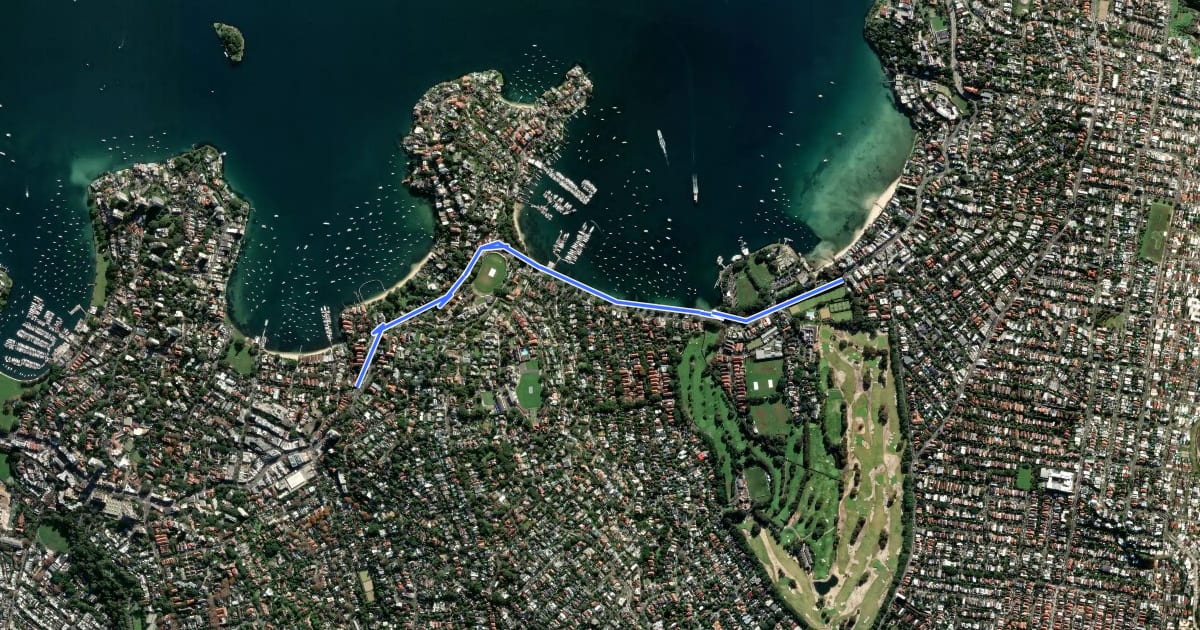 Маршрут Rose Bay Cycleway на спутниковом снимке