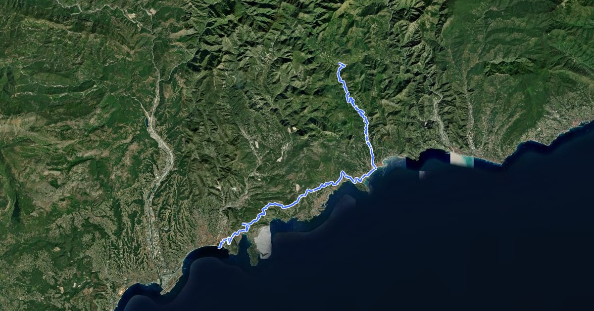 Маршрут Route des Grandes Alpes à vélo, étape 14, Sospel / Nice на спутниковом снимке