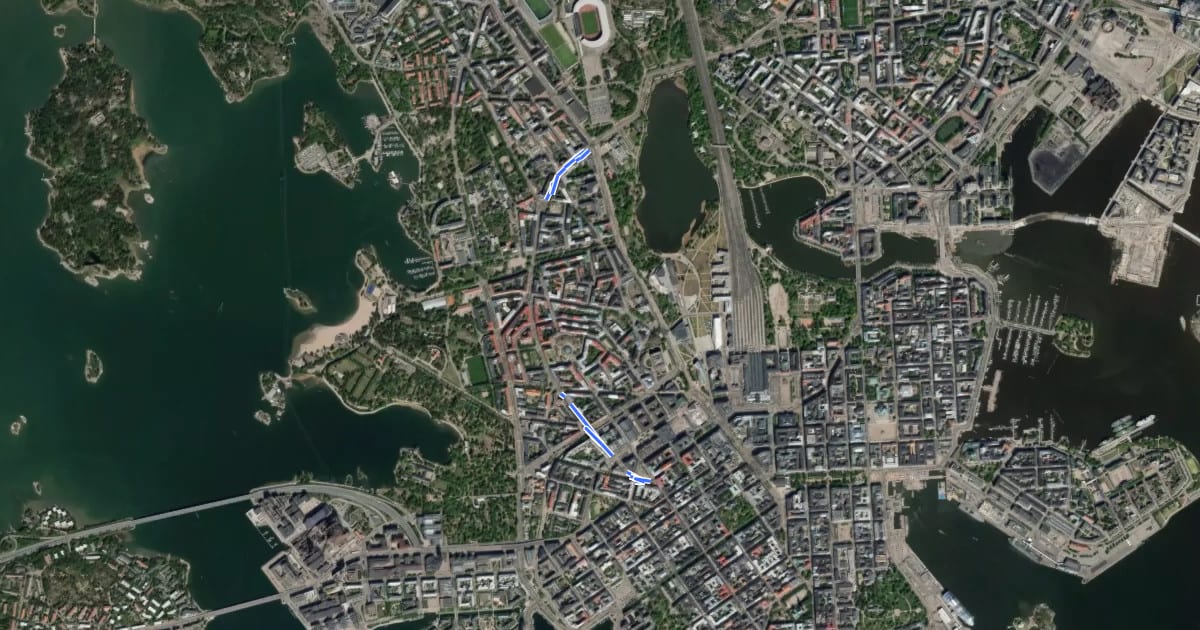 Маршрут Runeberginkatu на спутниковом снимке