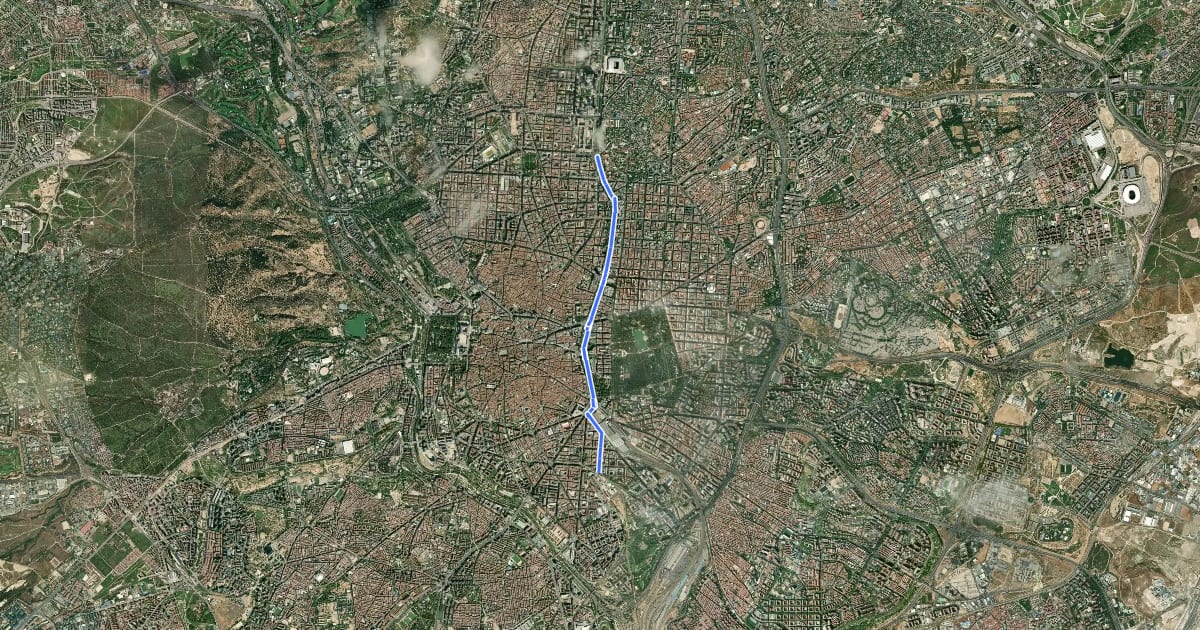 Маршрут Ruta ciclista 02. Paseo de la Castellana - Paseo de Recoletos - Paseo del Prado на спутниковом снимке