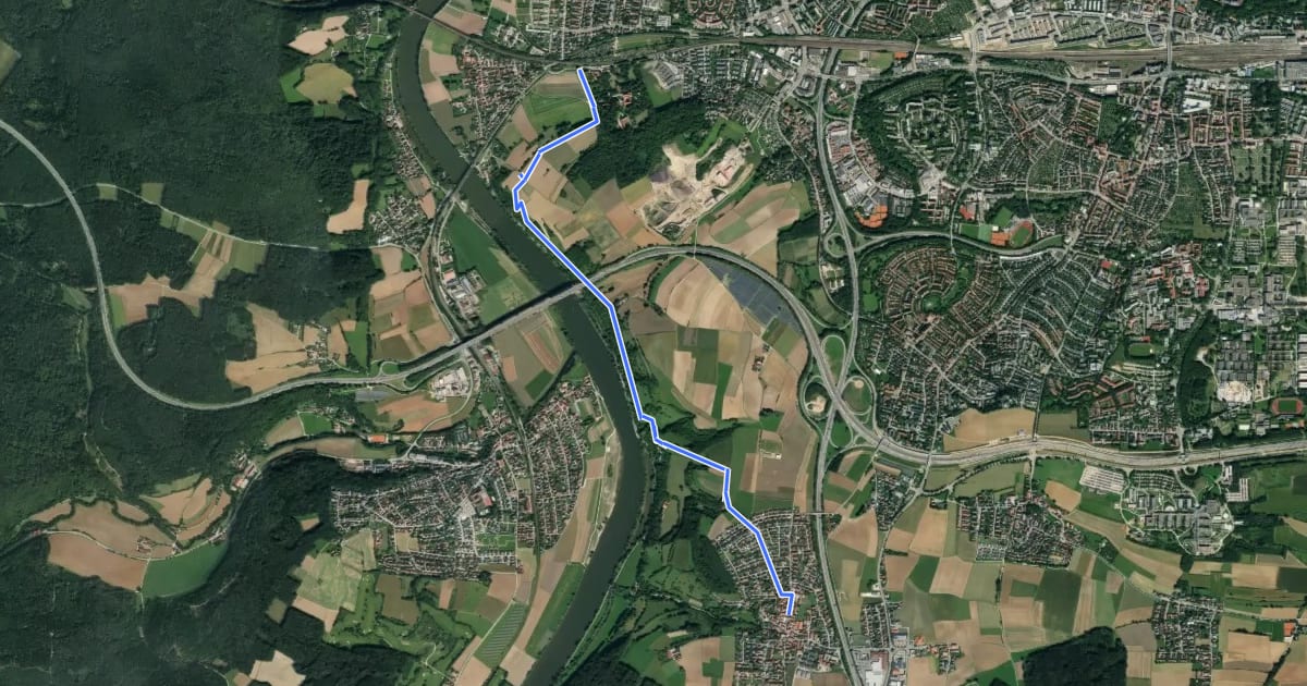 Маршрут S 16 Regensburg-Prüfening - Pentling (Rotes Rechteck) на спутниковом снимке