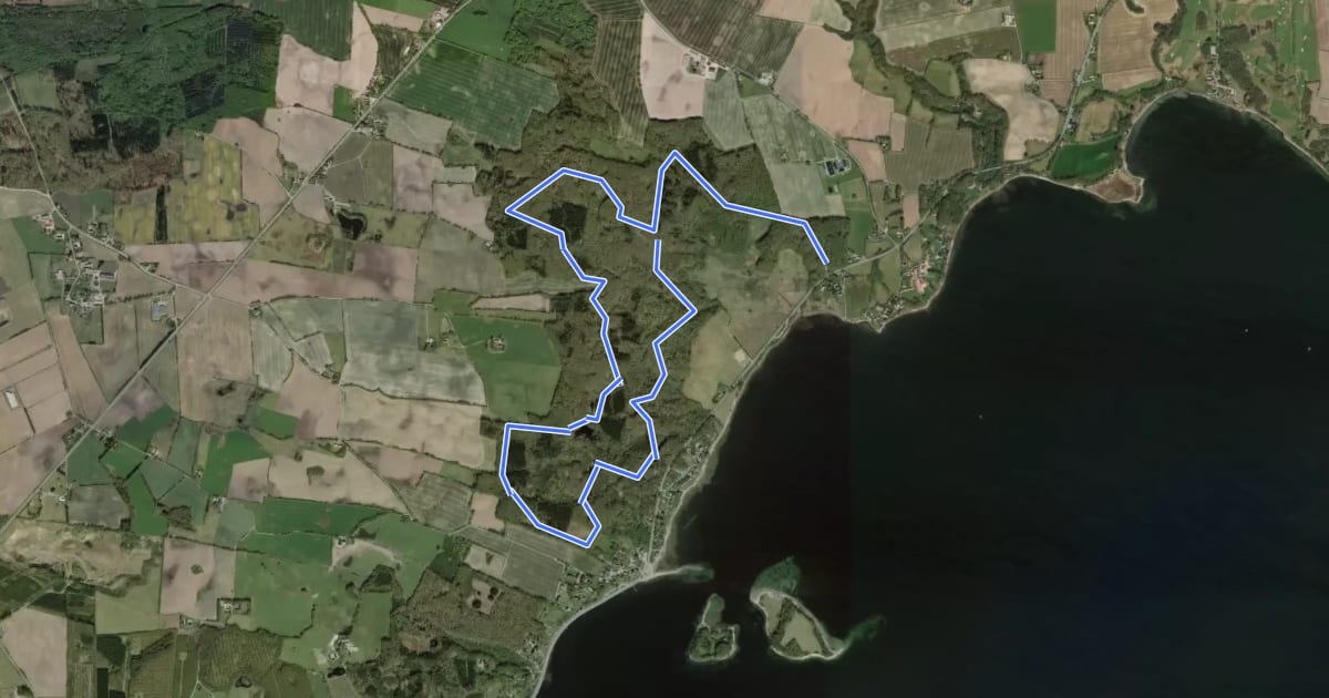 Маршрут Sønderhavskovene, gul rute на спутниковом снимке