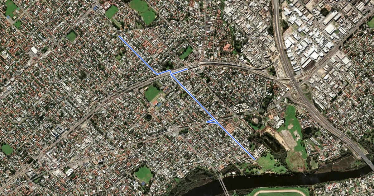 Маршрут SAFE Route Bayswater to Morley на спутниковом снимке
