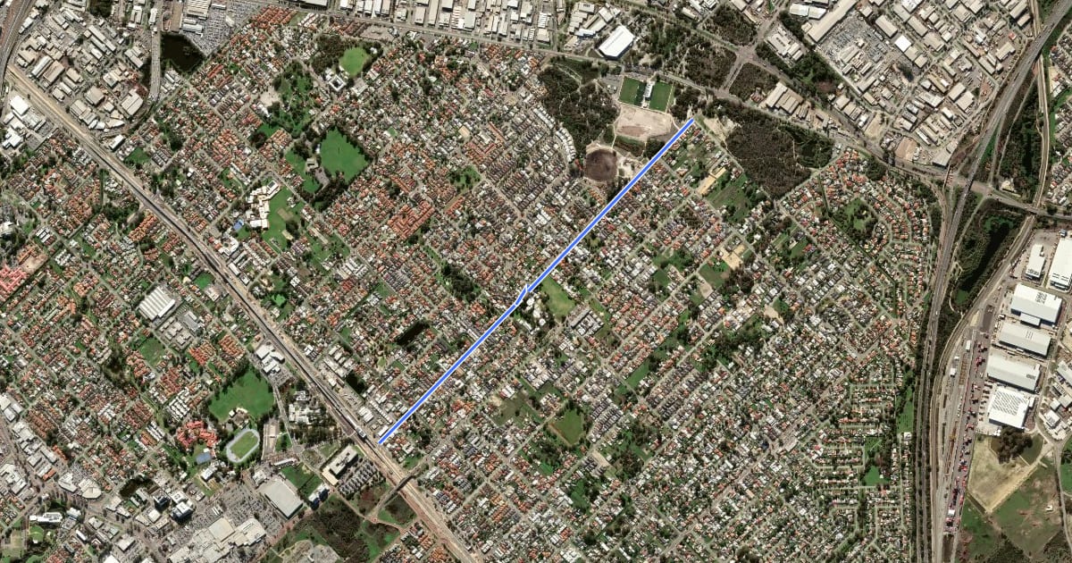 Маршрут SAFE Route East Cannington на спутниковом снимке