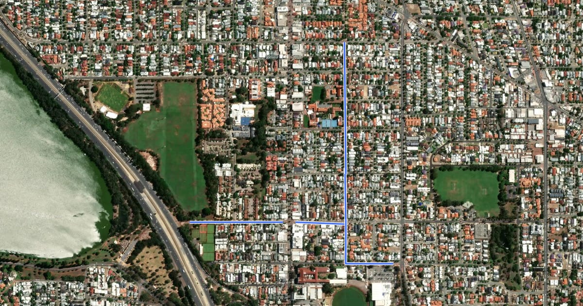 Маршрут SAFE Route Leederville на спутниковом снимке