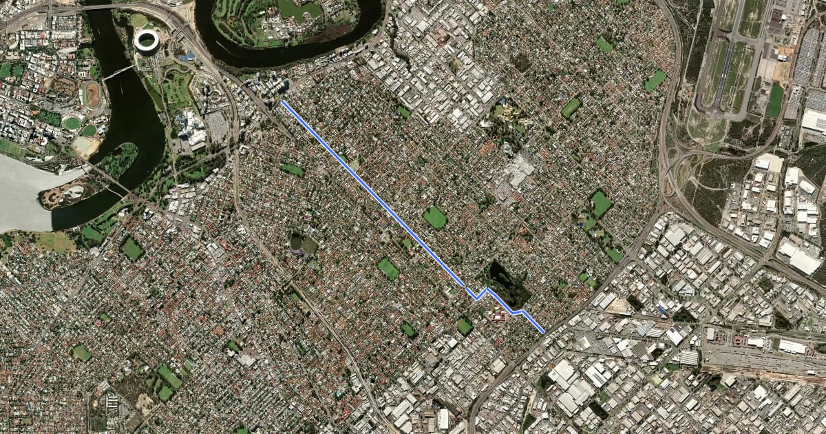 Маршрут SAFE Route Rivervale to Kewdale на спутниковом снимке