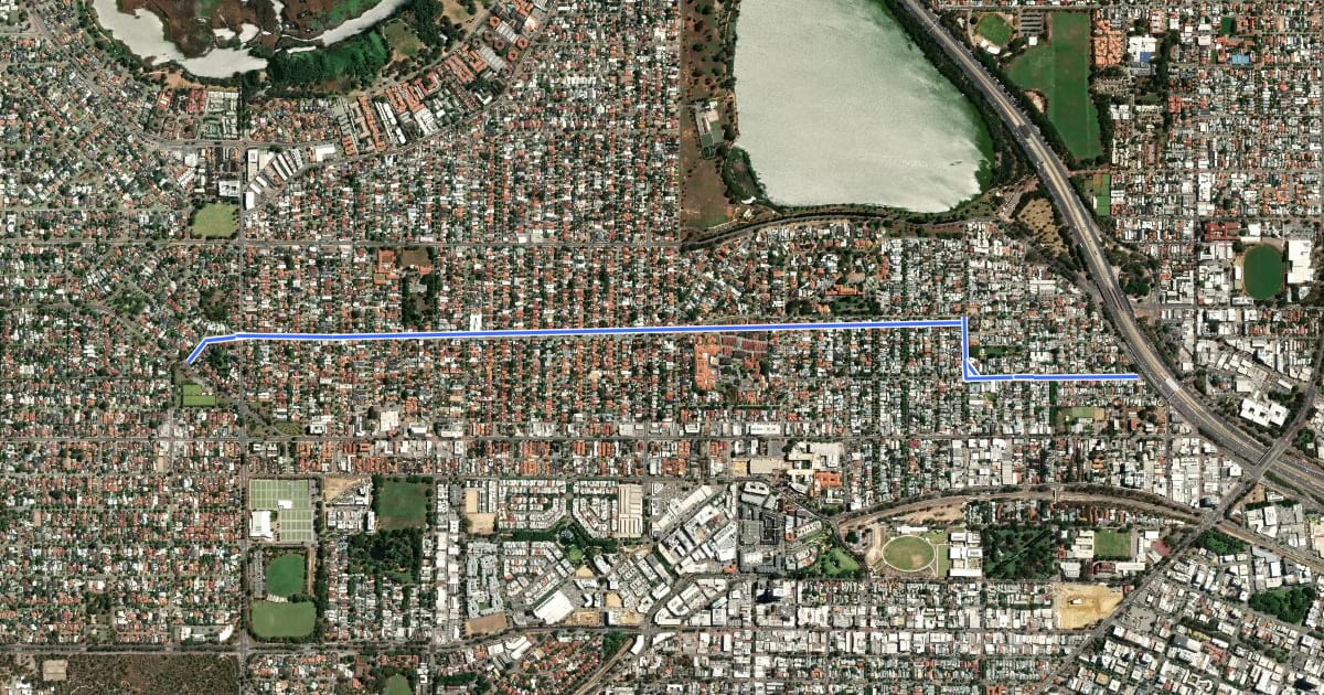 Маршрут SAFE Route West Leederville to Floreat на спутниковом снимке