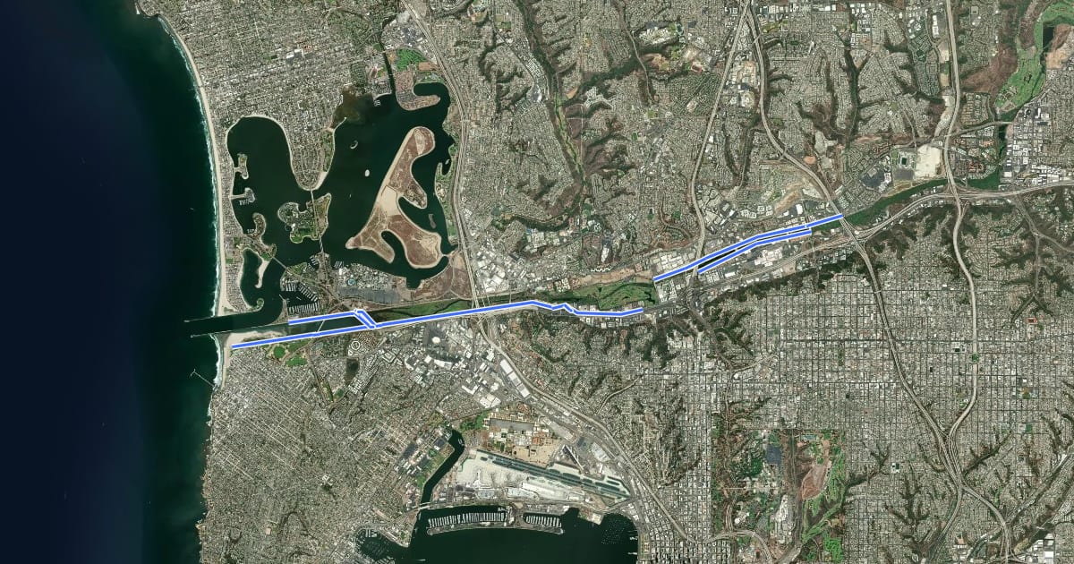 Маршрут San Diego River Trail на спутниковом снимке