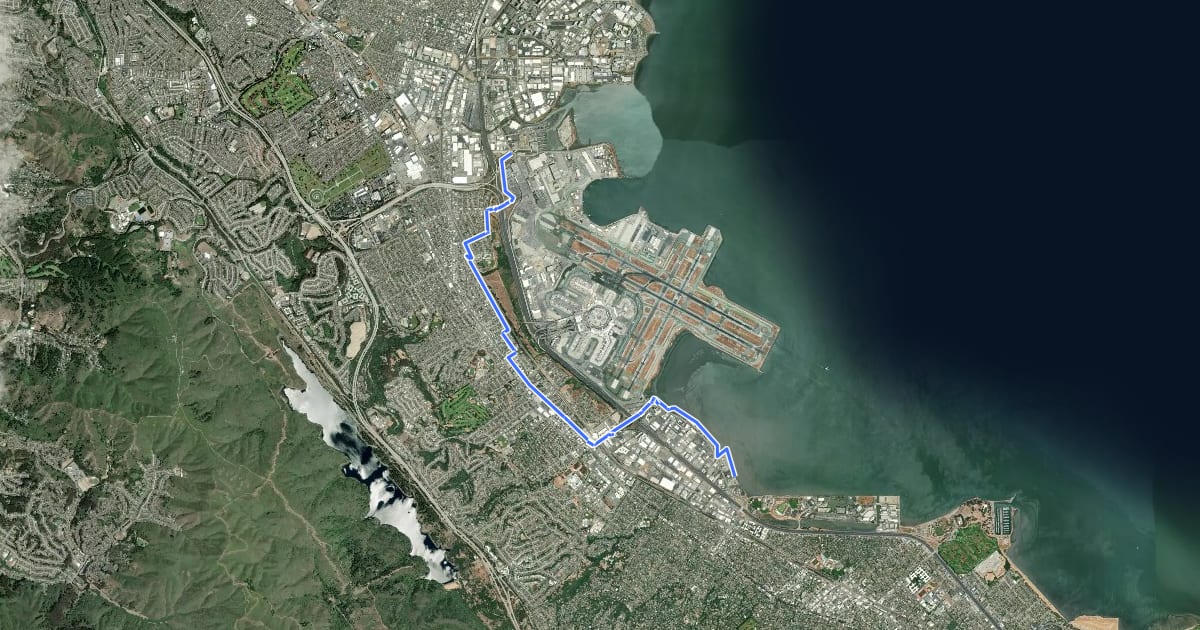 Маршрут San Francisco Bay Trail walking route (in development) на спутниковом снимке