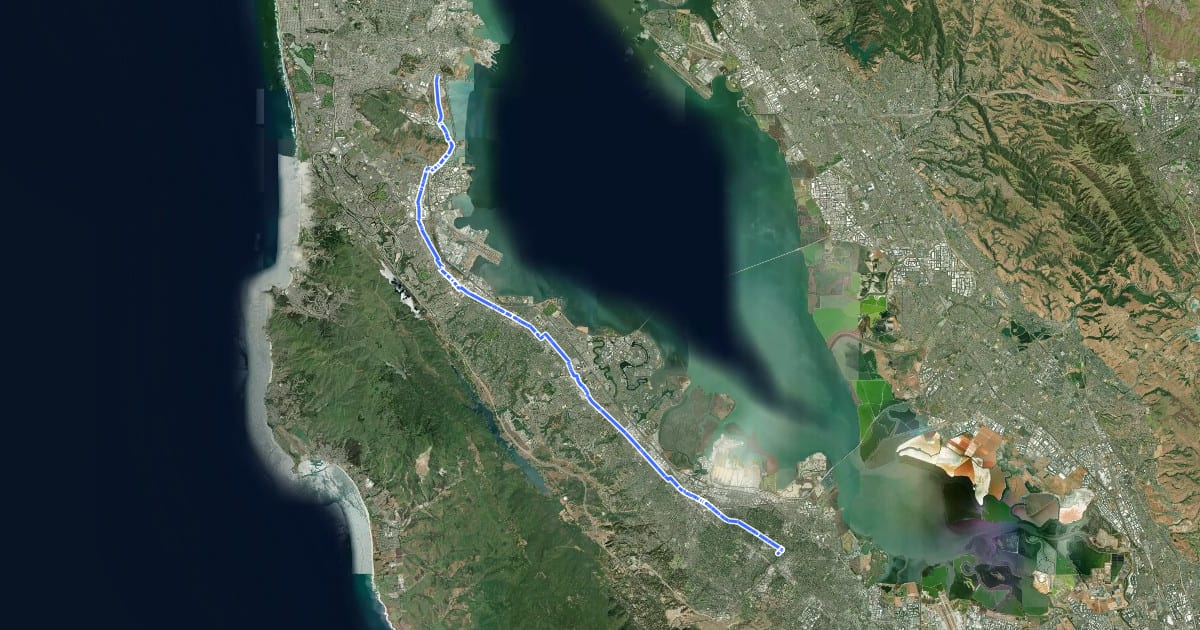 Маршрут San Mateo North South Bicycle Route на спутниковом снимке