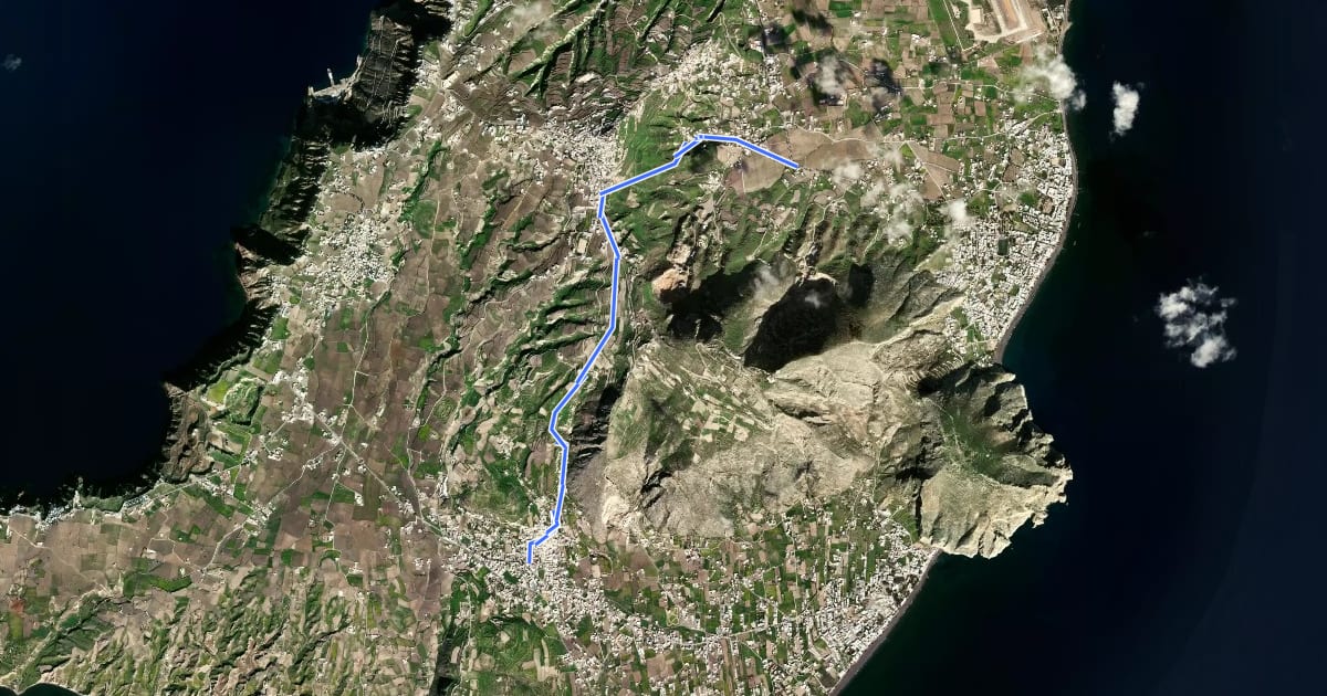 Маршрут Santorini Trail 02 - Mesa Gonia - Pyrgos - Emporio на спутниковом снимке