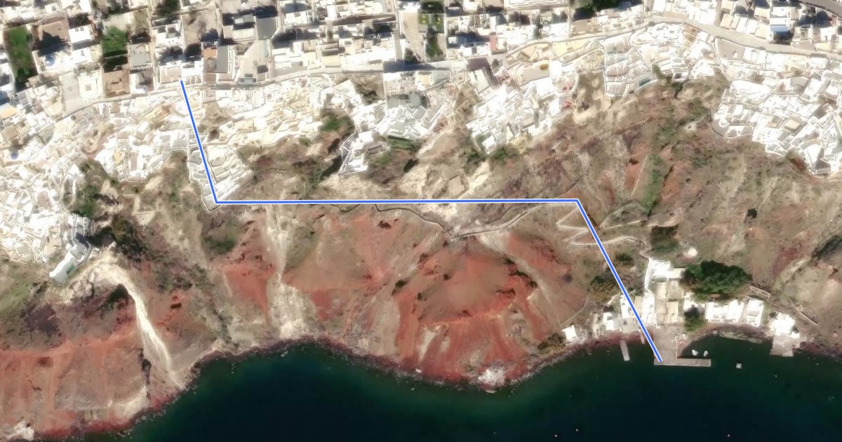 Маршрут Santorini Trail AR - Oia - Armeni на спутниковом снимке