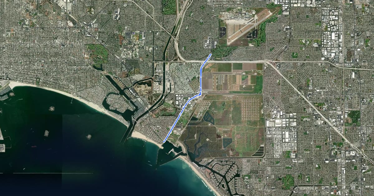 Маршрут Seal Beach Boulevard Bike Lane на спутниковом снимке
