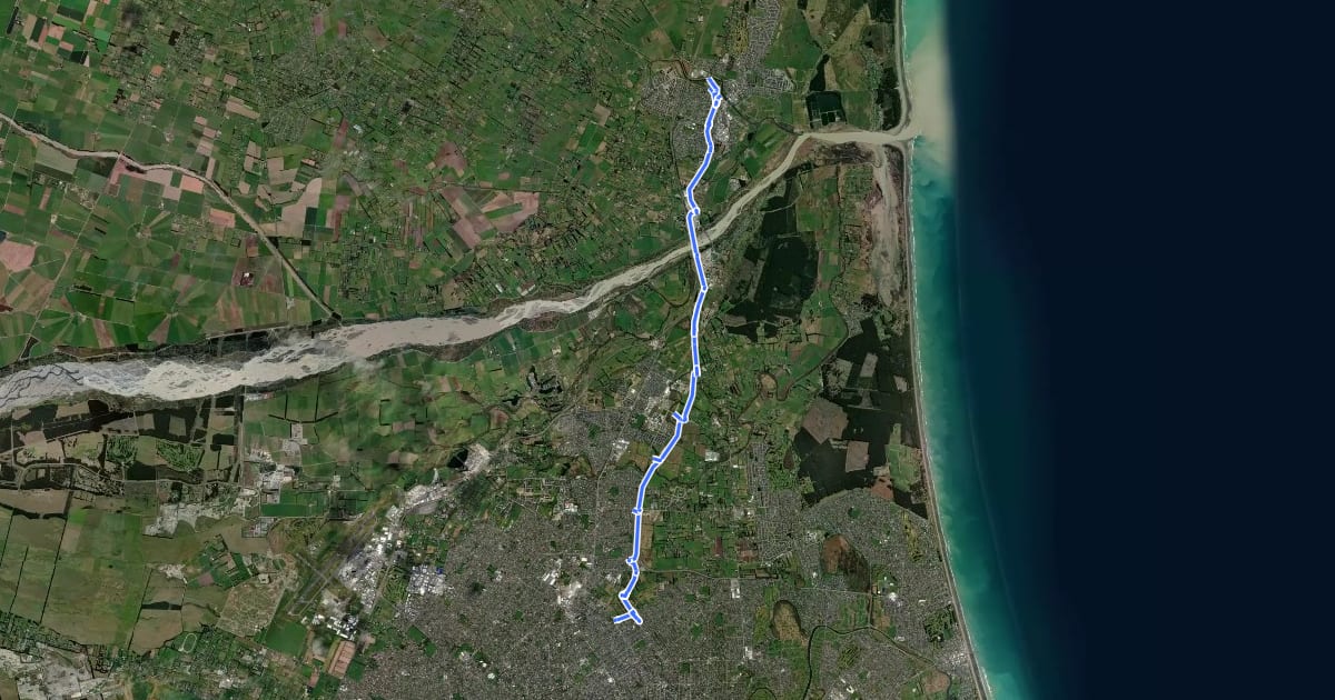 Маршрут SH1/74 Christchurch Northern Corridor Cycleway на спутниковом снимке