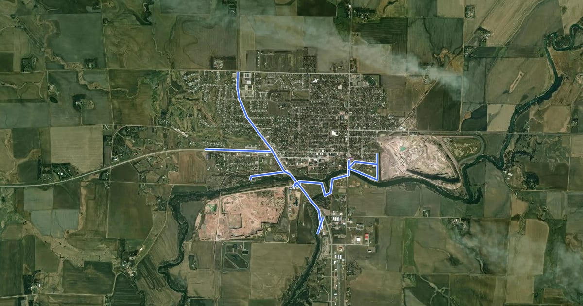Маршрут Sioux River Red Rock Trail на спутниковом снимке