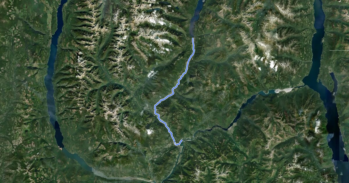 Маршрут Slocan Valley Rail Trail на спутниковом снимке