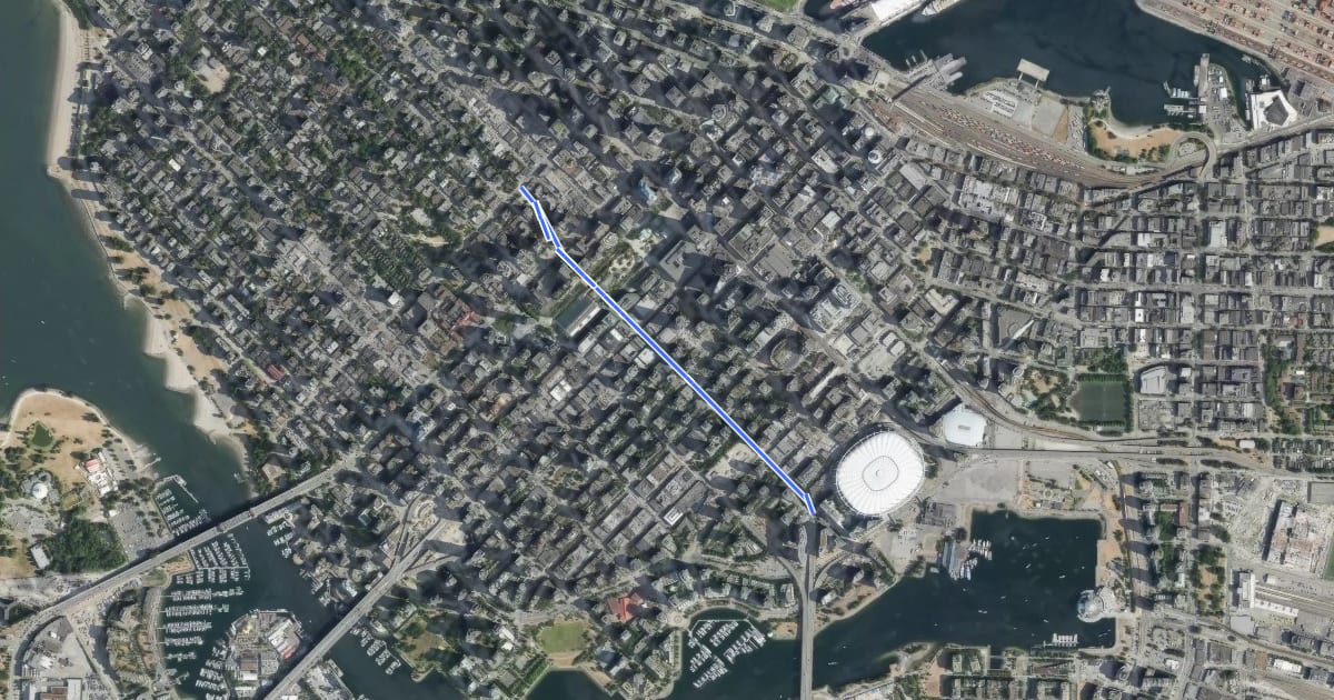 Маршрут Smithe Bikeway на спутниковом снимке