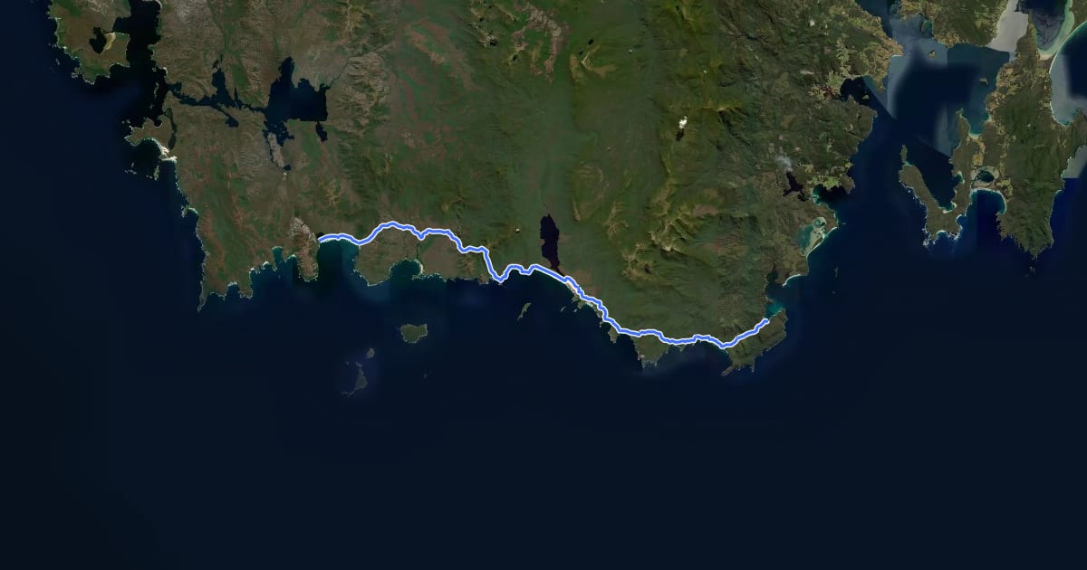 Маршрут South Coast Track на спутниковом снимке